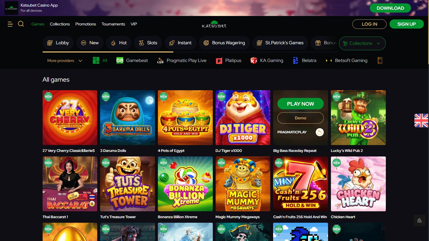 Katsubet Casino desktop games area with casino categories and titles