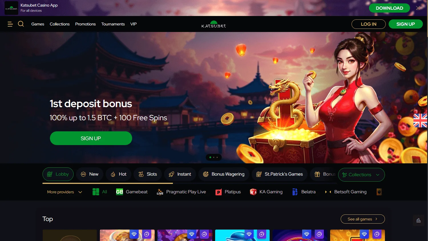 Katsubet Casino desktop home screen with the casino offer and game access