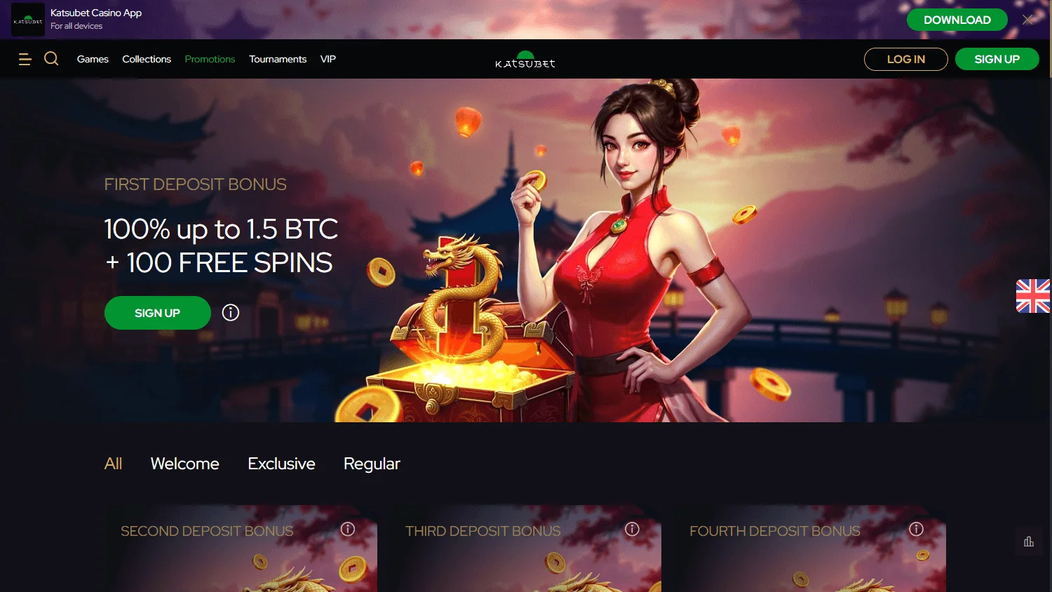Katsubet Casino desktop promotions area with deposit offers and free spins