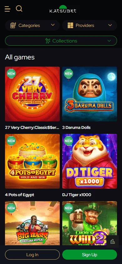 Katsubet Casino mobile games area with slots and live casino categories